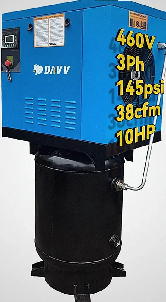 460V 3Ph 10HP Rotary Screw Air Compressor 145PSI 39cfm With 60 Gal Vertical Tank